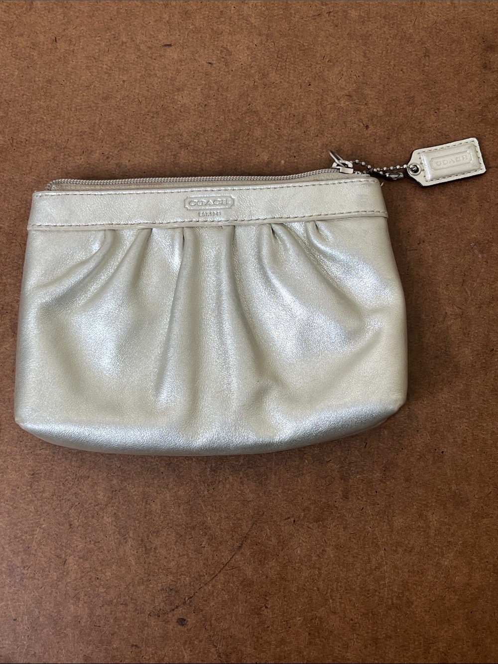 Coach Pleated Shimmering Metallic Silver Leather Compact Wristlet